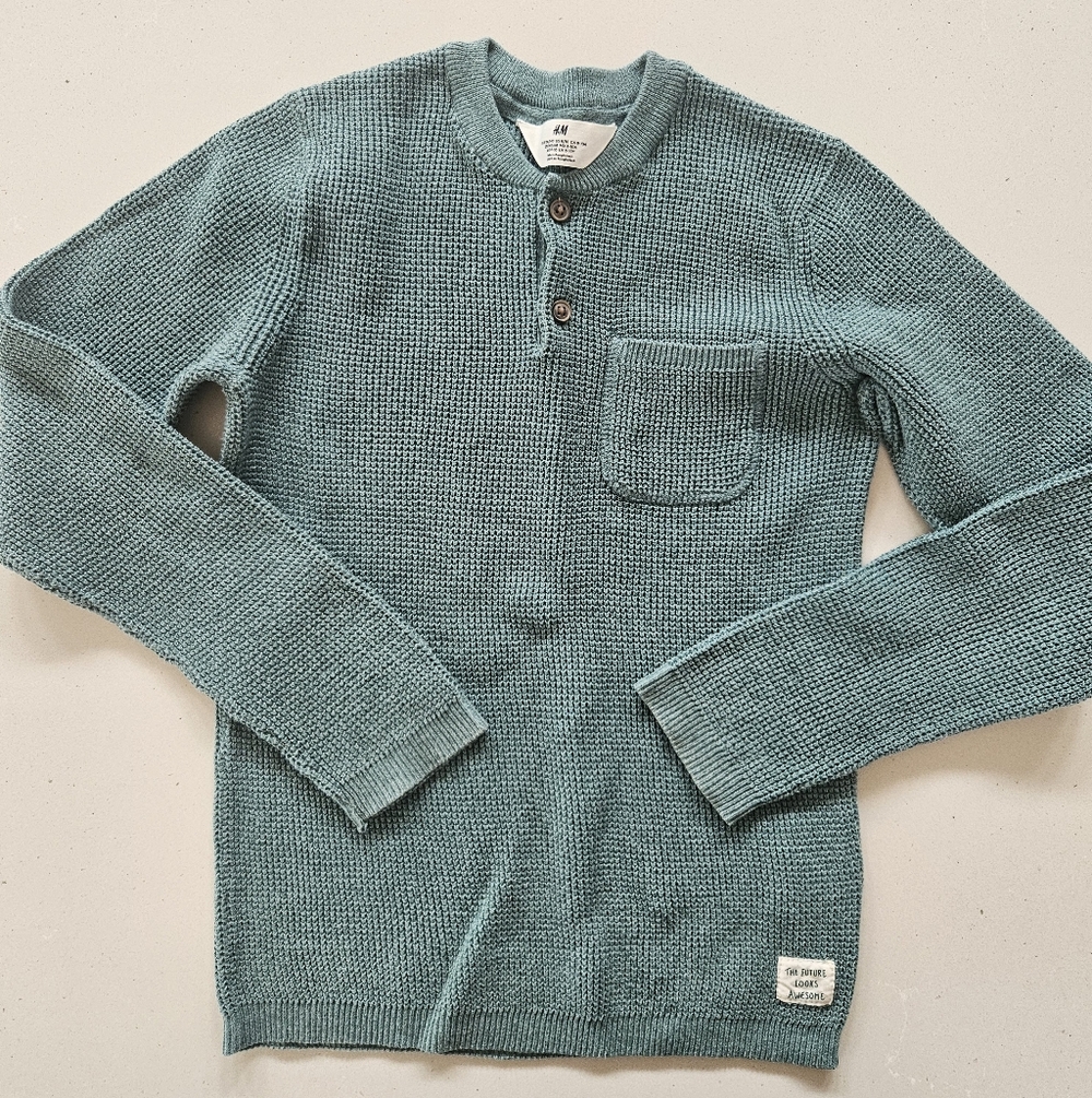 H&M Boys Sweater 8 9 10 Green Henley Cotton Pullover Crewneck Waffle